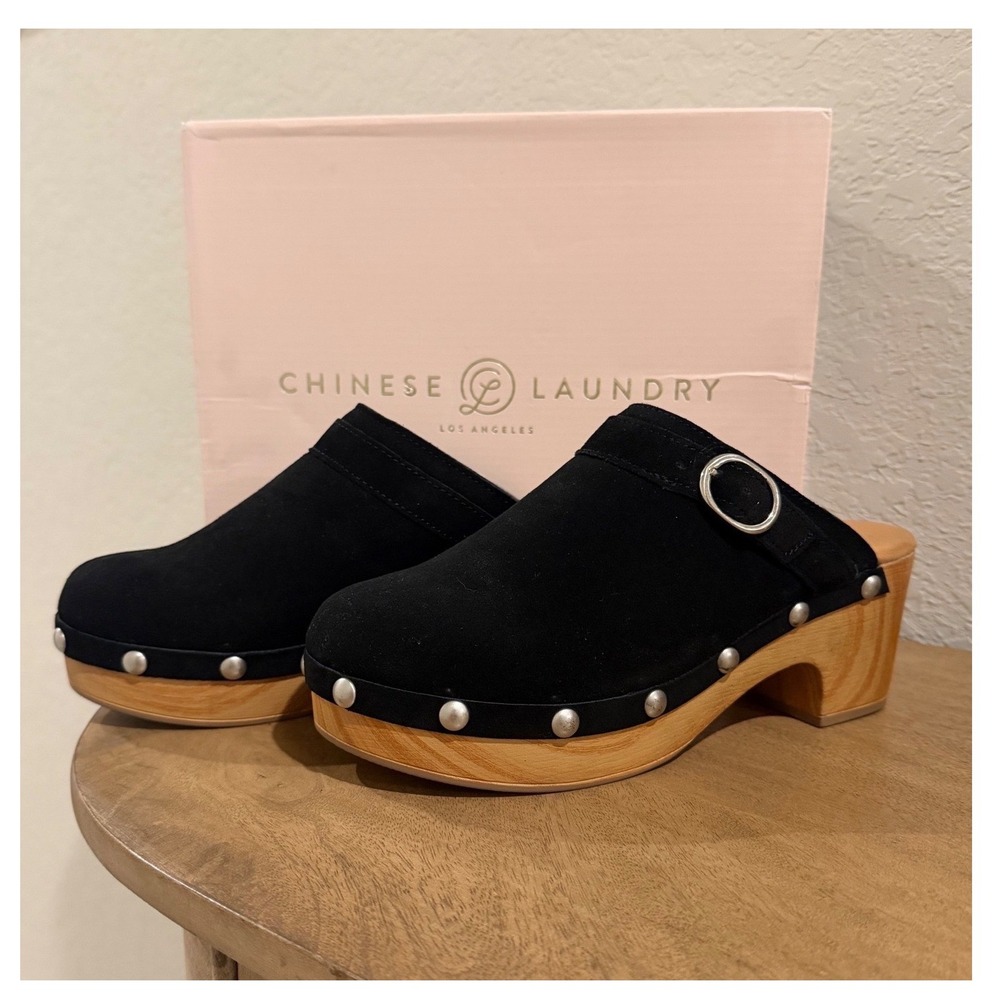 Chinese Laundry Cindy Clog Mule Women 8 Black Suede Studded Wood Block Heel